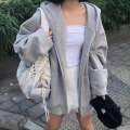 Grey Drop Shoulder Drawstring Zipper Hoodie For Girls. 