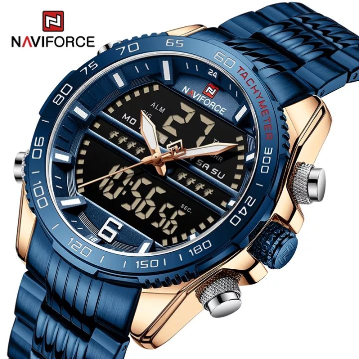 NAVIFORCE NF9195 Men Watch Dual Display Stainless Steel Top Waterproof Sport Digital Fashion Relogio Masculino