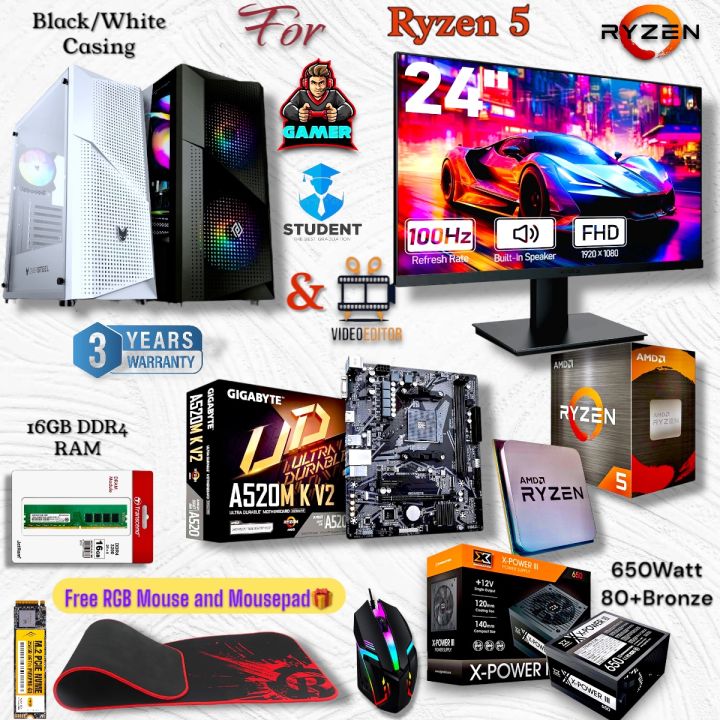 Gaming PC Full Setup Ryzen 5 5600GT/ 100hz 24" 1ms 100%Srgb Gaming Monitor/ 16GB 3200Mhz RAM/ 256GB Nvme/ 80+ Bronze PSU.