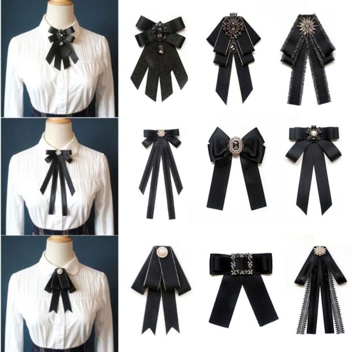 Fashion Polyester Ribbon Bowknot Brooch Pin Black Vintage Collar Pretied Necktie Clip Crystal Rhinestones Jewelry Bowtie Women