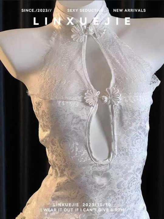 Cheongsam seductive, slit side lace white, pajamas Chinese style Lin Xuejie new sexy tie atmospheric women's summer