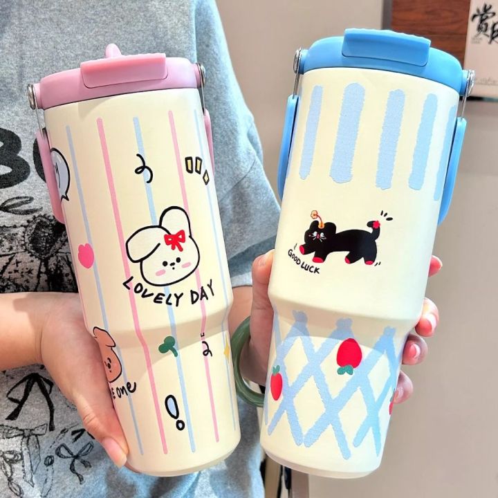 Portable 900ML Thermal Mug With Straw/Handle Large Capacity Straw Cup 201 Stainless Steel Vacuum Cup