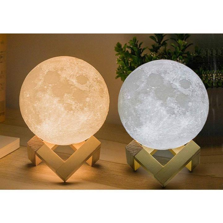 3D Print Moon Lamp, Usb Charging 3-Color Changing Led Energy-Saving Night Light With Wooden Holder Base