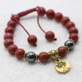 Red Jasper Stone Wrist Mala Bracelet with Hematite and Tibetan Mantra, Root Chakra Healing and Energy Balance. 