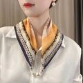Beautiful Magnetic Buckle Scarves Satin Surface Girls Small Scarf Thin Silk Scarf Woman. 