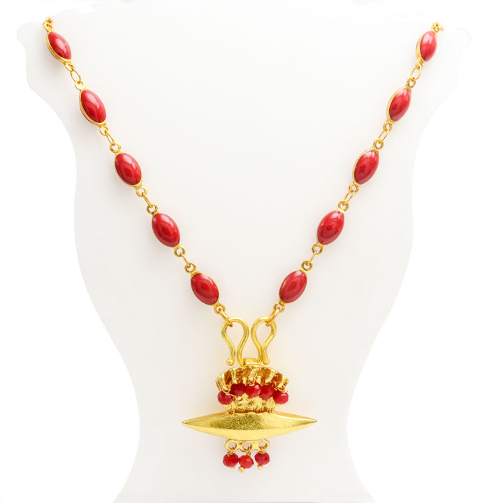 Gold Plated Panchadhatu Muga Mala With Red Stones Embedded Taayou For Women