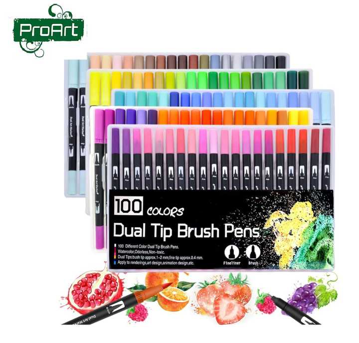 ProArt Dual Tip Brush Pen, Set Of 100 (Brush Tip & Fine liner Tip 0.4MM ...