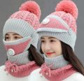 Women's Slouchy Knit Knitted Topi Scarf Mask 3-Piece Set for Winter Comfort. 