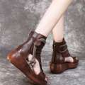 2025 New Bohemian Womens Leather Sandals - Retro Brown Chunky Wedge Peep-Toe Ankle Wrap Espadrille Summer Shoes. 