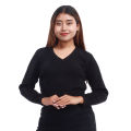 Black V Shaped Full Sleeves Woolen Blouse For Women. 