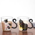 NAMUNY Cute Kitty Glass Water Cup Cat Tail Handle Mug Milk Tea Coffee Fruit Juice Mug Drinkware Home Office Lovers Cup -White. 