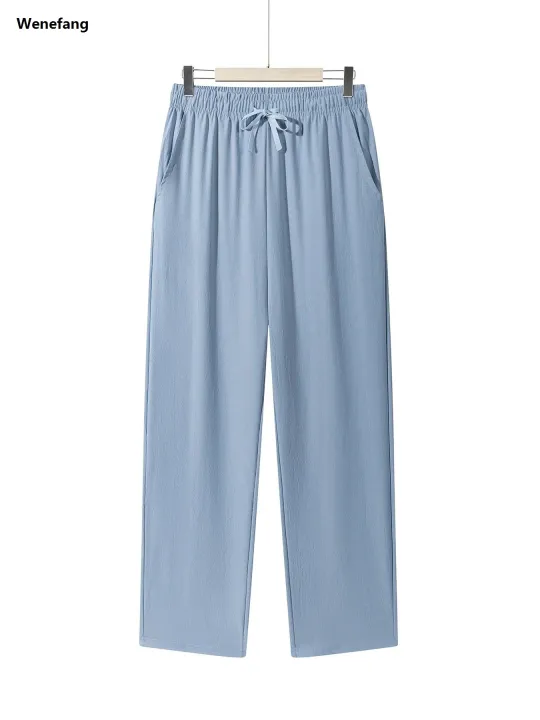 Wenefang%20Summer%20Men's%20Straight%20Trousers%20Casual%20Solid%20Color%20Breathable%20Fashion%20Drawstring%20Long%20Pants%20Sweatpants%20Streetwear%20Men%20Baggy%20Pants%20-%20Image%203