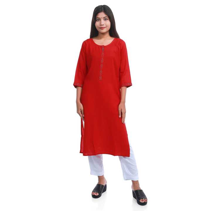 Bisesh Creation Red Slub Rayon Syroshki Worked Kurti For Women - Fashion | Kurta For Women | Women'S Wear