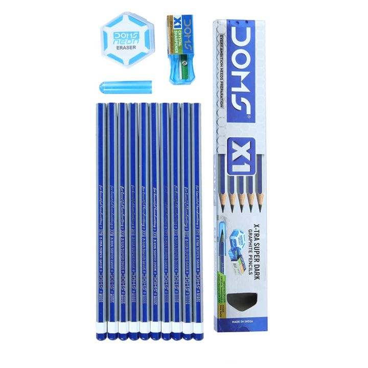 Doms X1 X-Tra Super Dark HB/2 Graphite Pencils 10 Pcs Pack-1 Eraser + 1 Sharpner + 1 Protection Cap Free