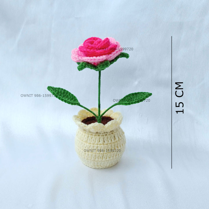Crochet Double Colored Pink Rose with Crochet Pot