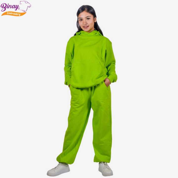 Binay Embroidery Neon Green Hoodie and Jogger Set For Women
