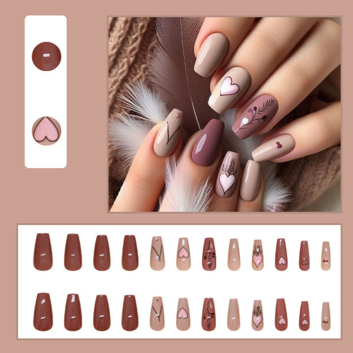 24Pcs Long Heart Fake Nails with Glue DIY Art Design False Nails