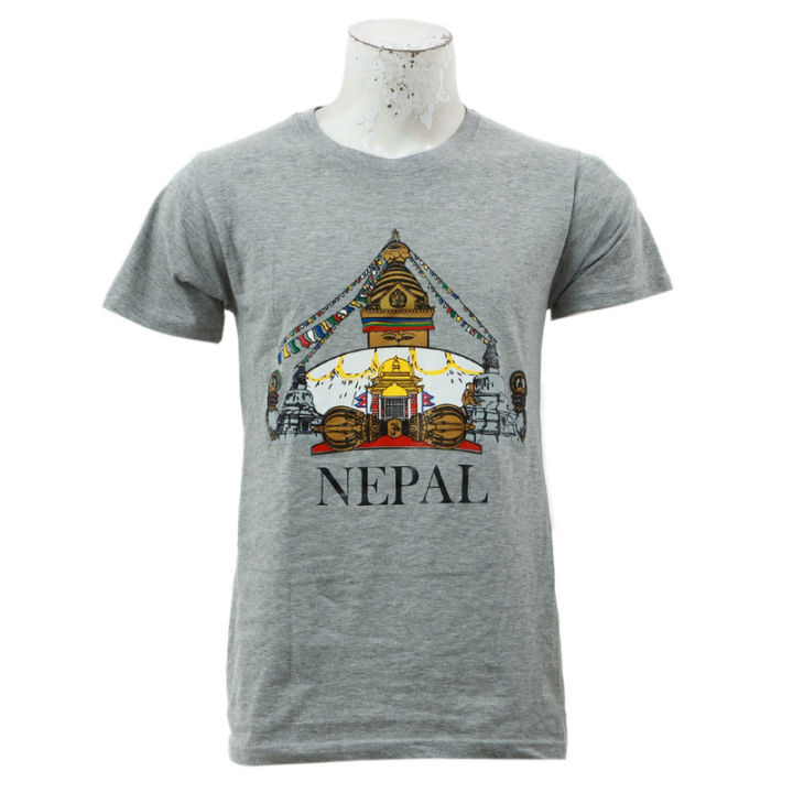 Grey Cotton Round Neck Buddha Nepal Printed T-Shirt For Men