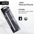 BRUSTRO Artists Charcoal Pencil - Set of 4 (3 Black Shade - Soft, Medium, Hard and 1 White - Medium). 