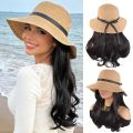 Casual Sun Protection Summer Straw Sun Hat Wig Breathable Foldable Fisherman Hat with Built-in Wig Wide Brim Hairpiece Long Wavy Curly Hair Vacation Accessory. 