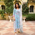 Fabdale Sky Blue Floral Print Straight Kurta Suruwal Set with Dupatta | Salwar Suit for Women | Wedding, Party & Festive Wear (RYEX-002). 