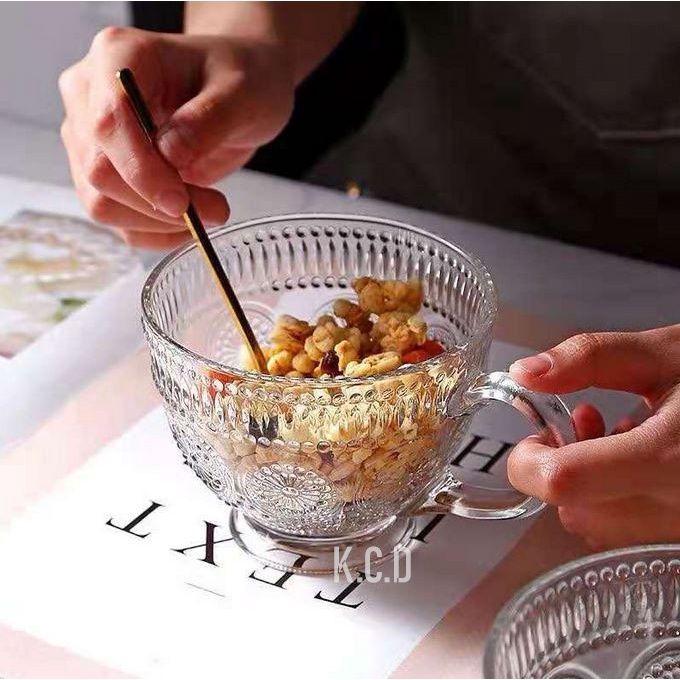 Glass Vintage Embossed Big Sized Coffee Tea Mug, Dessert Bowl With Handle- 2 Pc