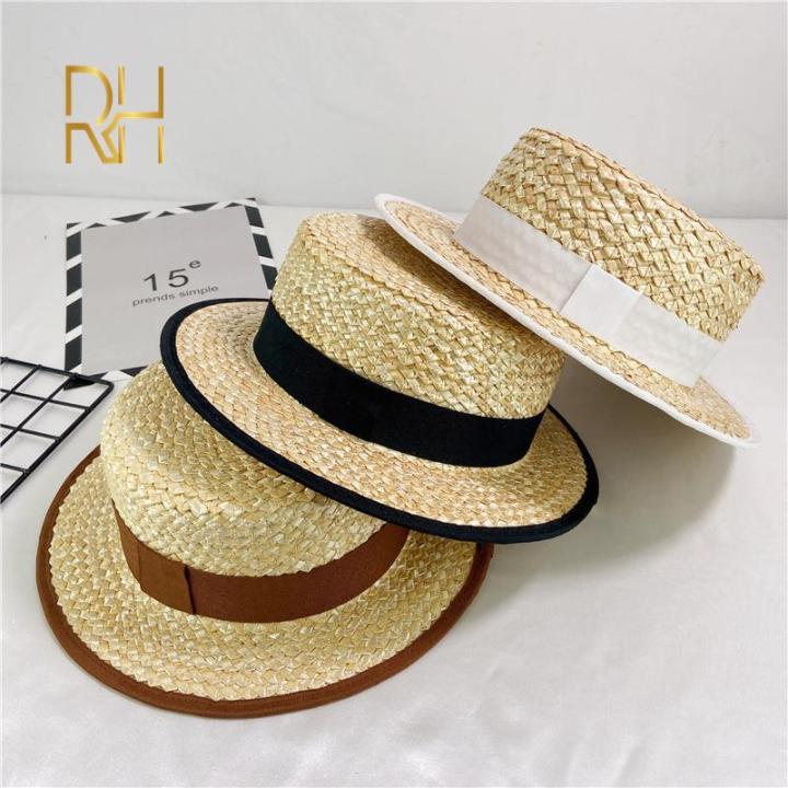 HOT%20Summer%20Female%20Natural%20Stiff%20Wheat%20Straw%20Boater%20Fedora%20Top%20Flat%20Hat%20Women%20Beach%20Flat%20Brim%20Cap%20With%20Red%20Navy%20Stripe%20Ribbon%20RH%20-%20Image%205