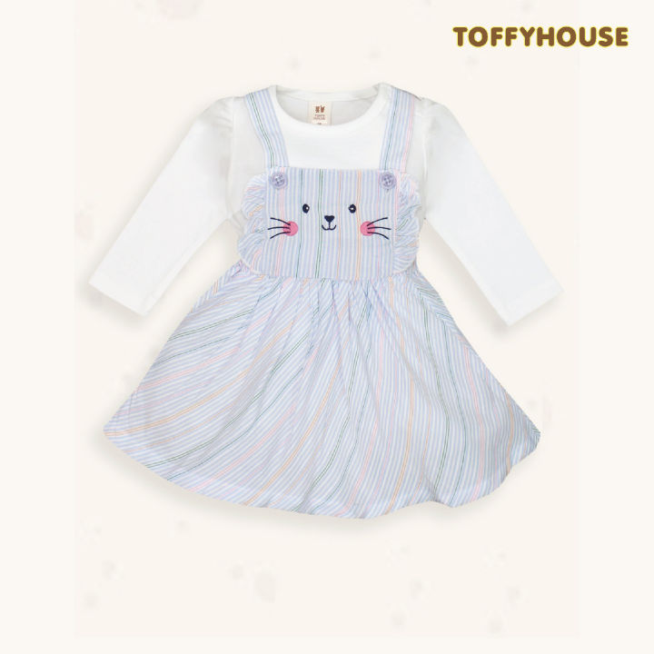 Babyhug 100% Cotton Half Sleeves Inner Tee With Floral Printed & Bow Applique Frock - Light Blue & Yellow main image 1