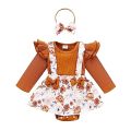 Infant Baby Girl Floral Romper Dress with Headband Outfits Long Sleeve Knit Bodysuit Overall Tutu Skirt Fall Winter Clothes, Brown Floral. 