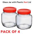 Small Glass Jar with Plastic red Lid for Kitchen Storage 250ML-(Set Of 4). 