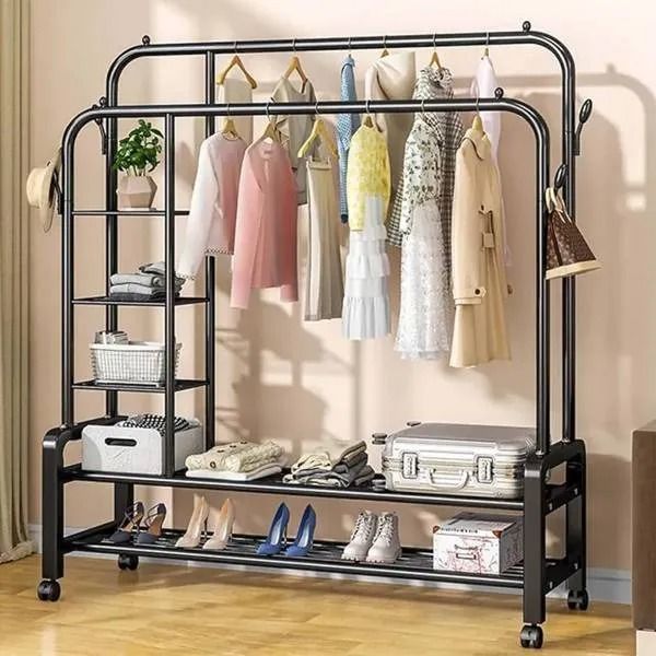 Double Rails Garment Rack with 4 Tier Storage Shelves and 4 Hooks Coat ...
