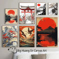Arts, home decoration, pattern, crown, crane, ink, wind, Japanese nature, landscape, watercolor painting, poster, mountain grid, canvas painting, wall art. 