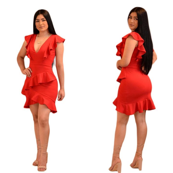 European and American new fashion women's V-neck sexy slim hip ruffle dress YY6572