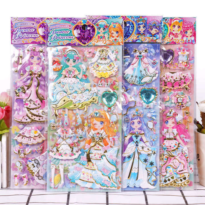 Shinle Double Layer Cartoon 3D Emed Princess Doll Magic Girl Scene Dress-Up Bubble Stickers