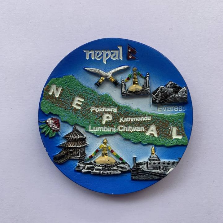 Round Ceramic Nepal Map and World Heritage Fridge Magnet