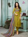 Mehendi Green Chanderi Cotton Fabric Unstitched Kurta Surwal Piece With Chiffon Shawl. 