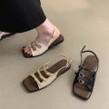 Retro Summer Buckle Sandals Elegant Square Toe Women Flat Sandals French Beach Roman Shoes Girls. 
