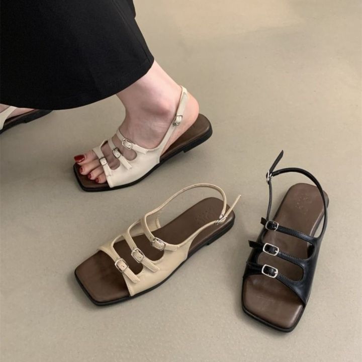 Retro Summer Buckle Sandals Elegant Square Toe Women Flat Sandals French Beach Roman Shoes Girls