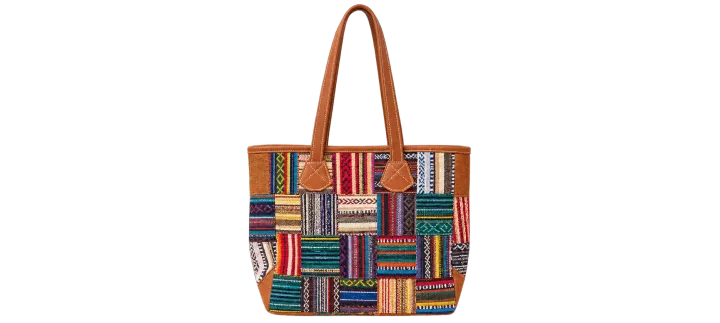 Multicolor%20Women's%20Woven%20Cotton%20&%20Leather%20Patchwork%20Shoulder%20Tote%20Bag%20%E2%80%93%20Casual%20Daily%20Handbag%20with%20Zipper%20Closure%20-%20Image%202