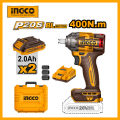 INGCO 20V Max Li-Ion Cordless Impact Wrench with 3-Speed Control and LED Light, 400Nm High Torque, 2.0Ah Batteries CIWLI2040. 