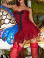 Rockmore Christmas Party Red Strapless Dresses y2k Aesthetic Holiday Bow Ruffle Trim Slim Mini Dress Vintage Women Outfits. 