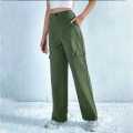 Women's Dark Green Cargo Box Pant High Waist Wide Leg Loose Fit Trousers. 