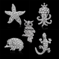 Difutagui Rinhoo Retro Crystal Silver Color Animal Brooches for Women Romantic Hot Selling Wedding Rhinestone Party Owl Starfish Hedgehog Brooch Pin. 