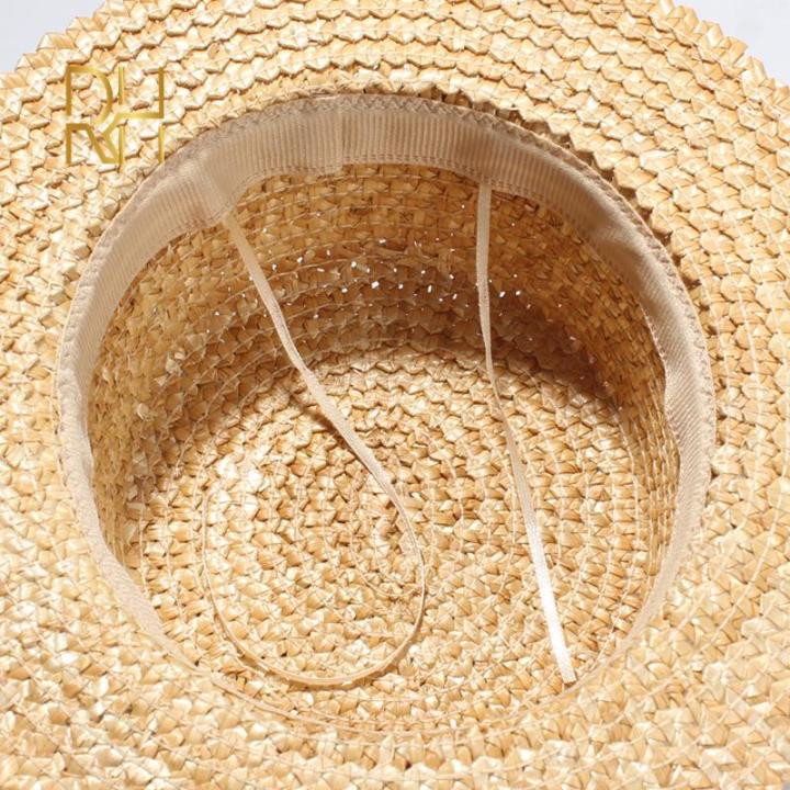 Summer%20Female%20Natural%20Stiff%20Wheat%20Straw%20Boater%20Fedora%20Top%20Flat%20Hat%20Women%20Beach%20Flat%20Brim%20Cap%20With%20Red%20Navy%20Stripe%20Ribbon%20RH%20-%20Image%203