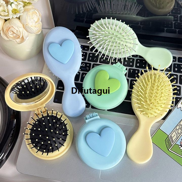 Difutagui Gift Pocket Cosmetics Shiny Air Cushion Portable Mini Heart] [Hot Luxury Comb 2 in 1 Folding Comb Mirror Cute Travel Hairbrush Makeup Tool