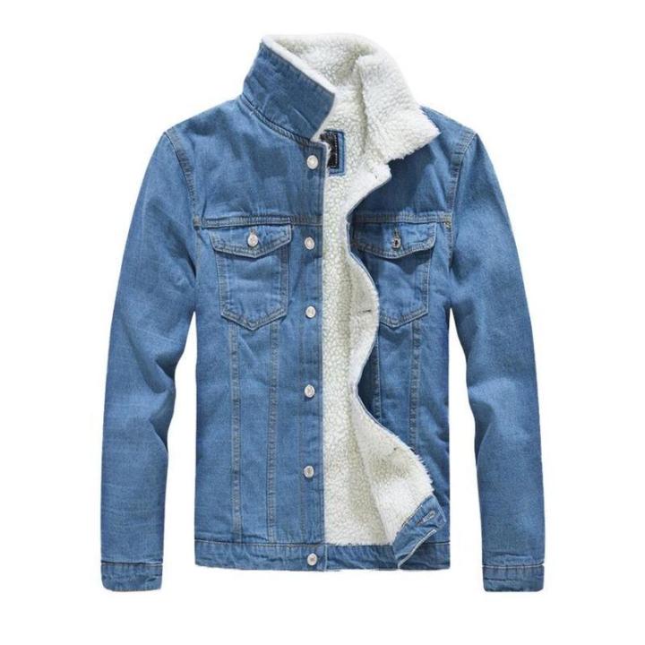 Light blue denim jacket with fur fashion mens