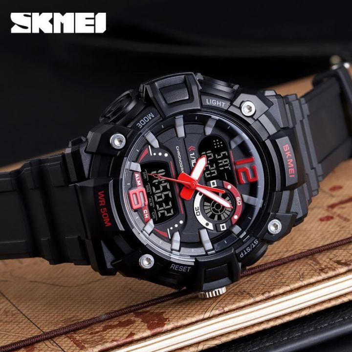 SKMEI 1529 Men's Sports LED Light Chronograph Dual Display 3 Time Multi-Function Watch - Black/Red