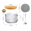 Vintage Coffee Glass Mugs Set of 2, Glass Coffee Tea Cups with Bamboo Lids, Coaster and Spoons,15Oz Clear Embossed 450ML A. 