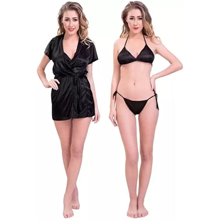 Combo Lingerie Set with Robe and Bikini Bra Panty Free Size Black Color Daraz .np