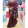 Deep Maroon Dhaka Printed Saree With Unstiched Blouse For Women. 
